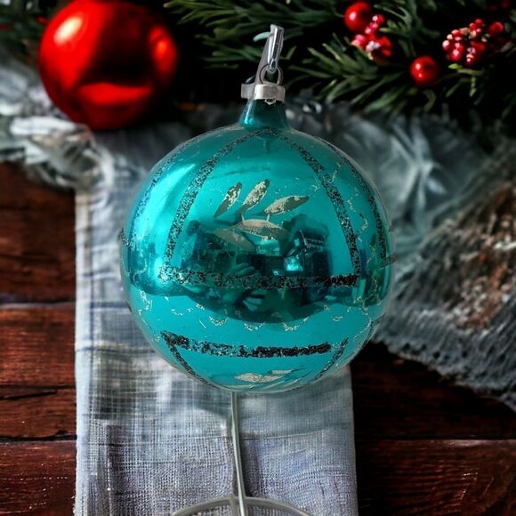 Mercury Glass Ball Ornament Blue West Germany LARGE Handblown 925 Silver Glitter - Picture 11 of 14